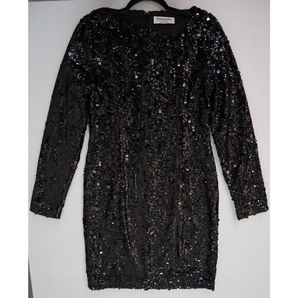 Vivienne Hu Women's Sz 4 Black Asymmetrical Neck L/S Sequin Mini Dress - Picture 1 of 9
